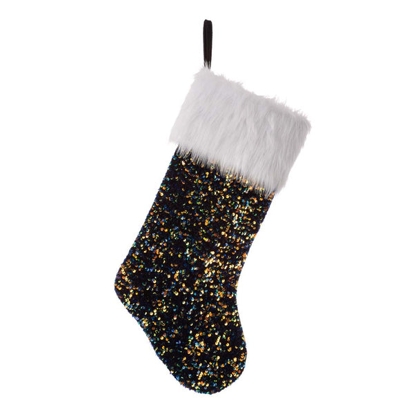 Navy Blue Sequin Christmas Stocking with a White Faux Fur Cuff