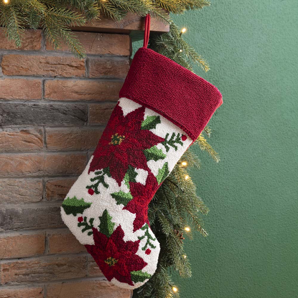 Poinsettia Hooked Christmas Stocking