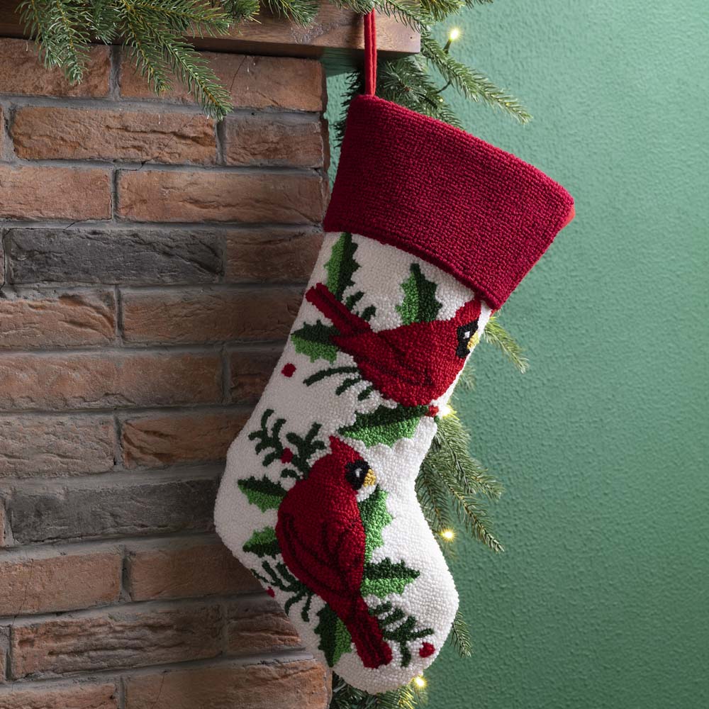 Cardinal Birds Hooked Christmas Stocking