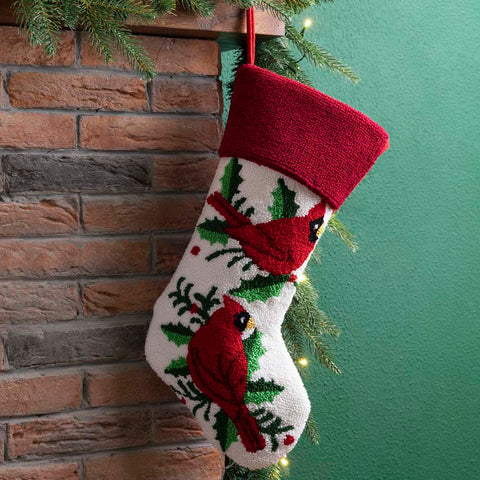 Cardinal Birds Hooked Christmas Stocking