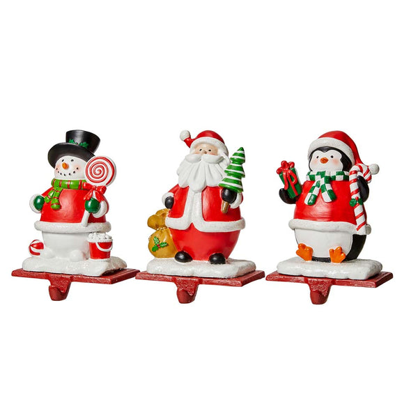 6.5"H Resin Santa, Snowman, Penguin Stocking Holders, Set of 3