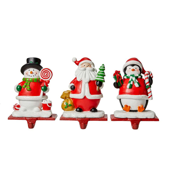 6.5"H Resin Santa, Snowman, Penguin Stocking Holders, Set of 3