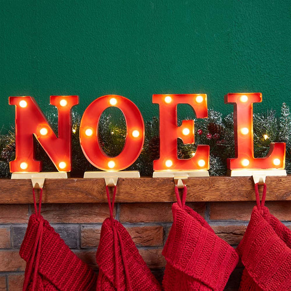 8.5"H Metal "NOEL" Christmas Stocking Holders with LED Lights, Set Of 4